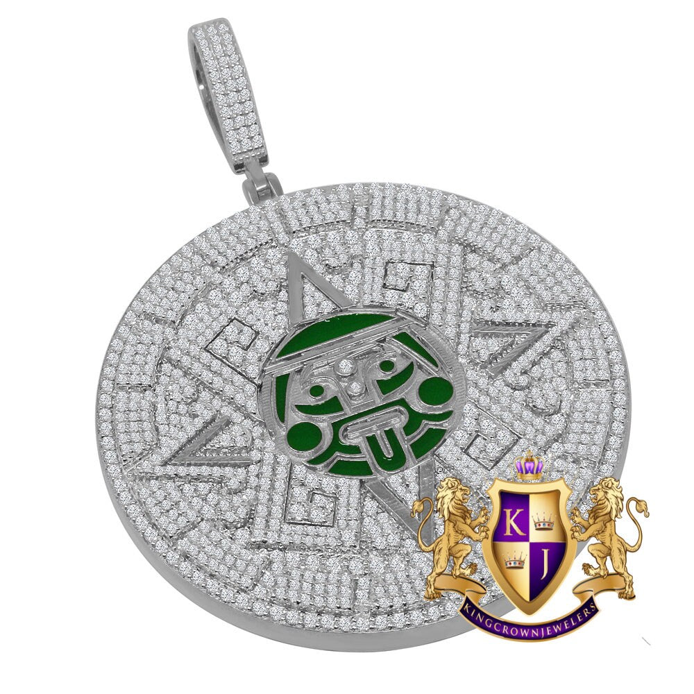 Exclusive Custom Piece Big XL 3'' White Gold On Sterling Silver Lab Diamond  Mayan Aztec Sun Calendar Medallion Pendent Charm 49+ Grams