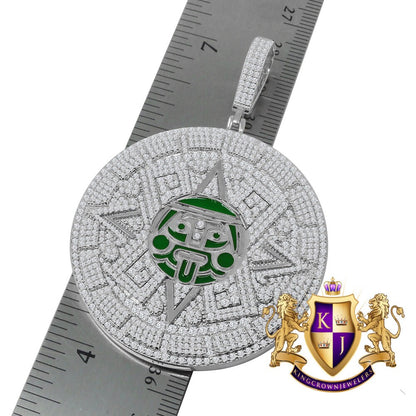 Exclusive Custom Piece Big XL 3'' White Gold On Sterling Silver Lab Diamond  Mayan Aztec Sun Calendar Medallion Pendent Charm 49+ Grams