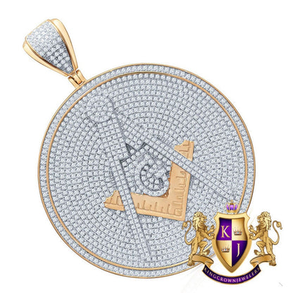 Real Genuine Sterling Silver 37+ Grams 8 Ctw. Simulated Diamond 14K Gold Over Freemason Masonic G Compass Medallion Pendant Charm Big 2.75''