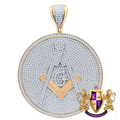 Real Genuine Sterling Silver 37+ Grams 8 Ctw. Simulated Diamond 14K Gold Over Freemason Masonic G Compass Medallion Pendant Charm Big 2.75''