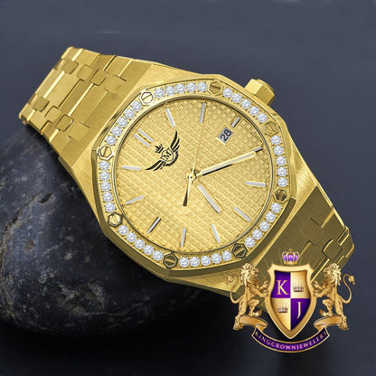 Solid Stainless Steel 18K Yellow Gold Finish Simulated Diamond AP Style Luxury Watch 43mm