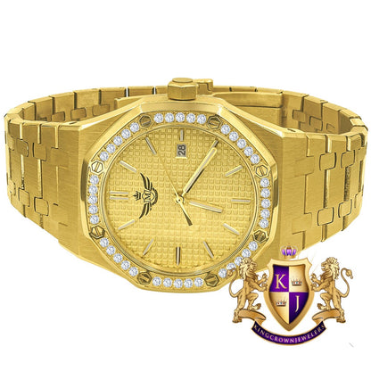Solid Stainless Steel 18K Yellow Gold Finish Simulated Diamond AP Style Luxury Watch 43mm