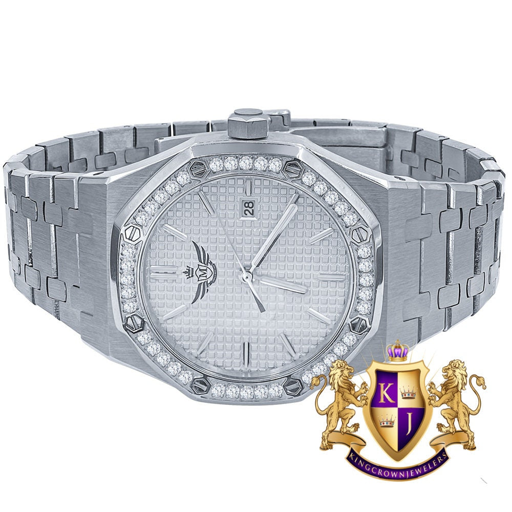Solid Stainless Steel 18K White Gold Finish Simulated Diamond AP Style Luxury Watch 43mm