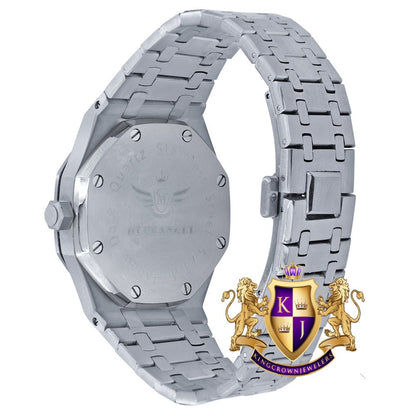 Solid Stainless Steel 18K White Gold Finish Simulated Diamond AP Style Luxury Watch 43mm