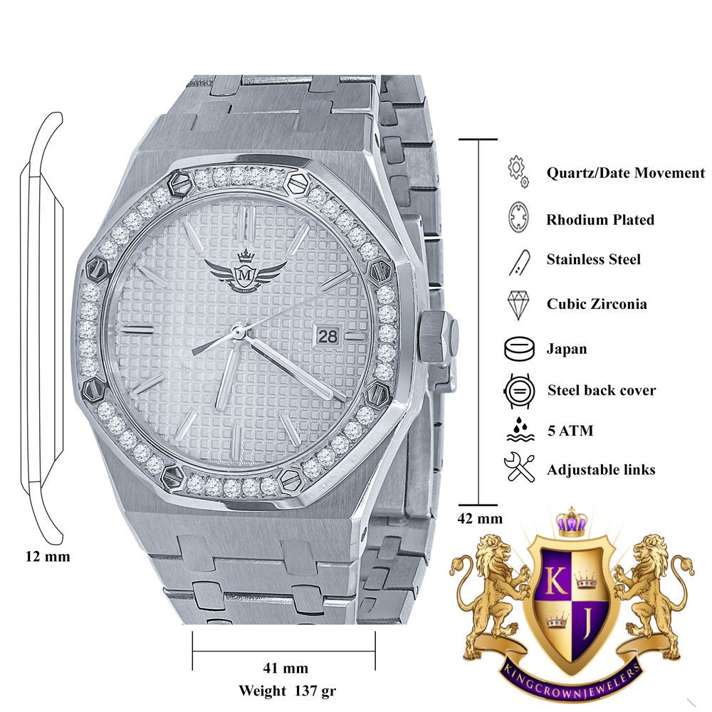 Solid Stainless Steel 18K White Gold Finish Simulated Diamond AP Style Luxury Watch 43mm