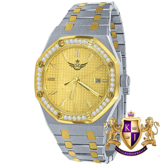 2 Tone Gold Finish Solid Stainless Steel Simulated Diamond AP Style Luxury Watch 43mm