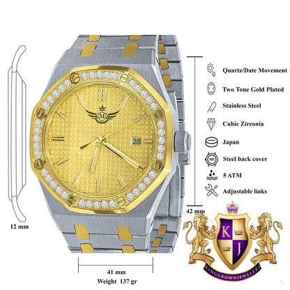 2 Tone Gold Finish Solid Stainless Steel Simulated Diamond AP Style Luxury Watch 43mm