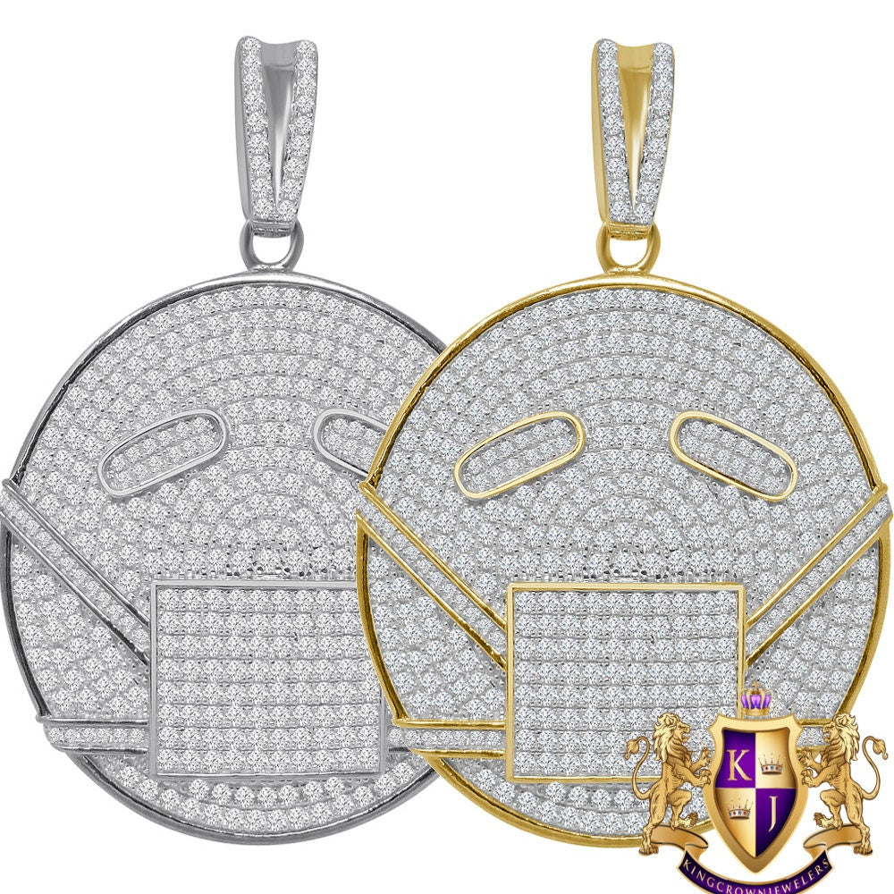 Men's Real Sterling Silver 14K Gold Finish Simulated Diamond Masked Face Emoji Charm Custom Pendent