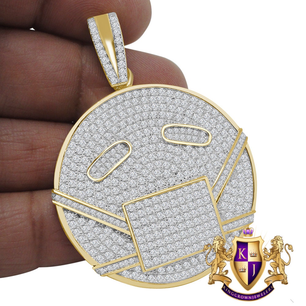 Men's Real Sterling Silver 14K Gold Finish Simulated Diamond Masked Face Emoji Charm Custom Pendent