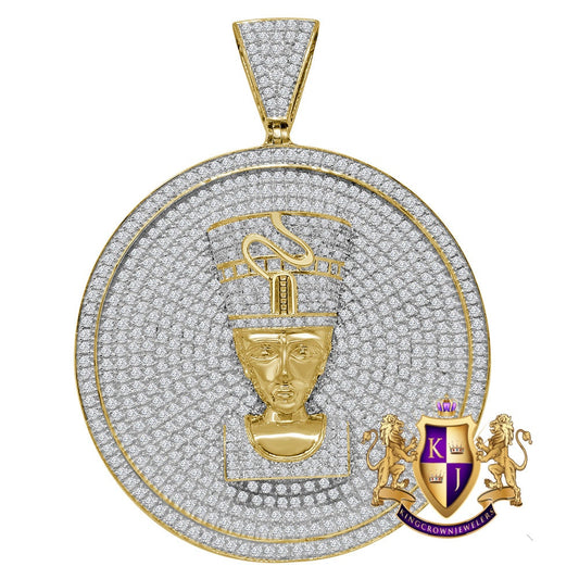 10K Yellow Gold On Real Sterling Silver Simulated Diamond Egyptian Queen Nefertiti Pendant Charm Medallion 3''