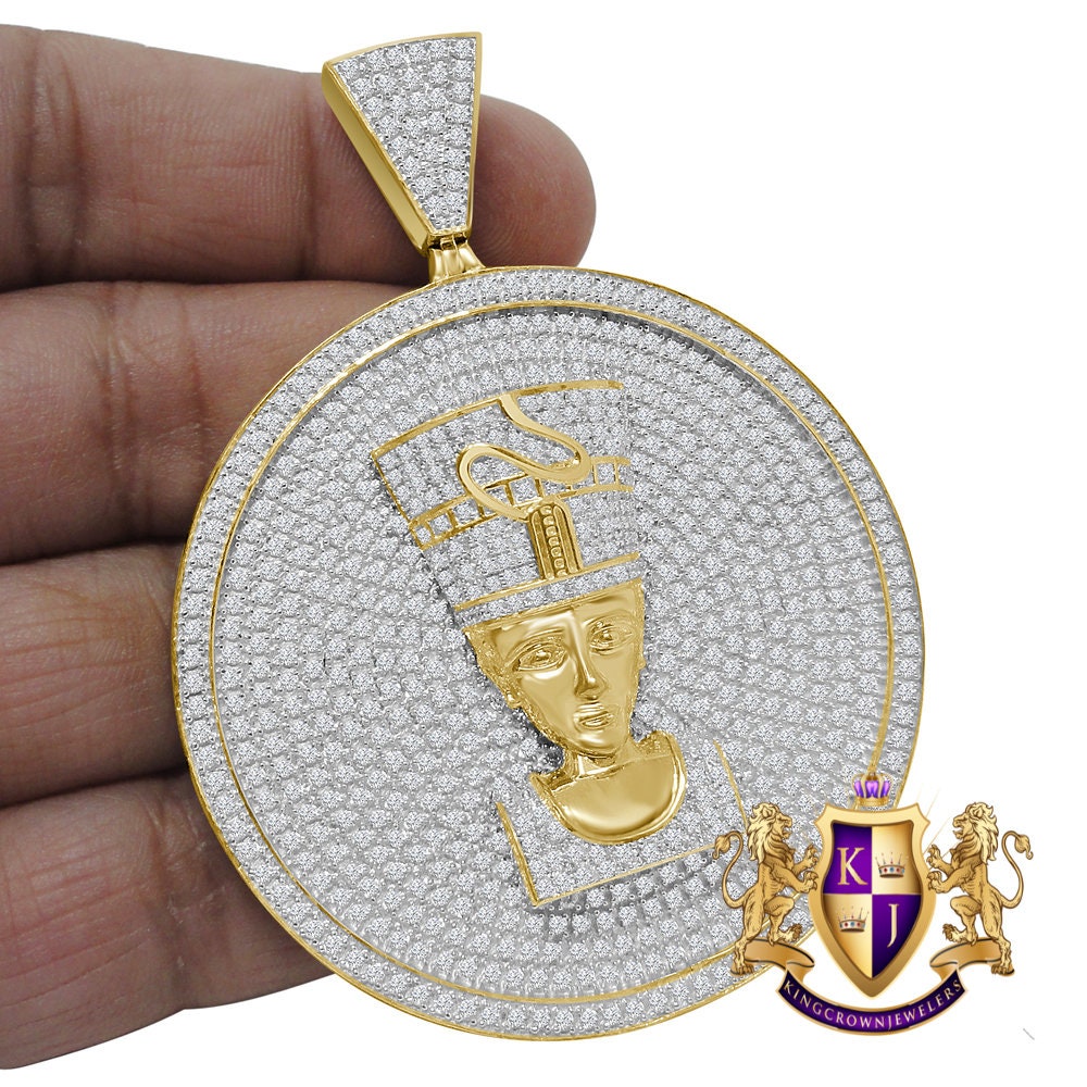 10K Yellow Gold On Real Sterling Silver Simulated Diamond Egyptian Queen Nefertiti Pendant Charm Medallion 3''