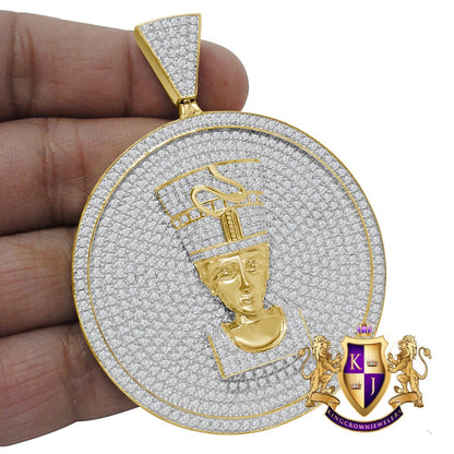 10K Yellow Gold On Real Sterling Silver Simulated Diamond Egyptian Queen Nefertiti Pendant Charm Medallion 3''