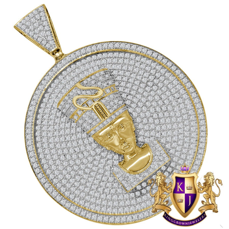 10K Yellow Gold On Real Sterling Silver Simulated Diamond Egyptian Queen Nefertiti Pendant Charm Medallion 3''