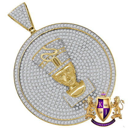 10K Yellow Gold On Real Sterling Silver Simulated Diamond Egyptian Queen Nefertiti Pendant Charm Medallion 3''