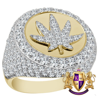 Mens Real Yellow Gold Sterling Silver Simulated Diamond Marijuana Leaf Plant Lab Diamond Ring Band
