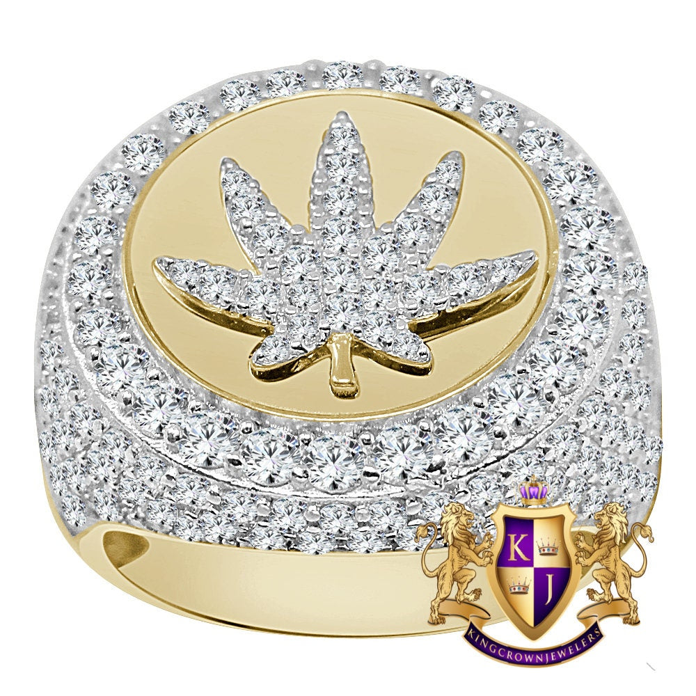 Mens Real Yellow Gold Sterling Silver Simulated Diamond Marijuana Leaf Plant Lab Diamond Ring Band