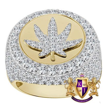 Mens Real Yellow Gold Sterling Silver Simulated Diamond Marijuana Leaf Plant Lab Diamond Ring Band