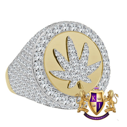 Mens Real Yellow Gold Sterling Silver Simulated Diamond Marijuana Leaf Plant Lab Diamond Ring Band