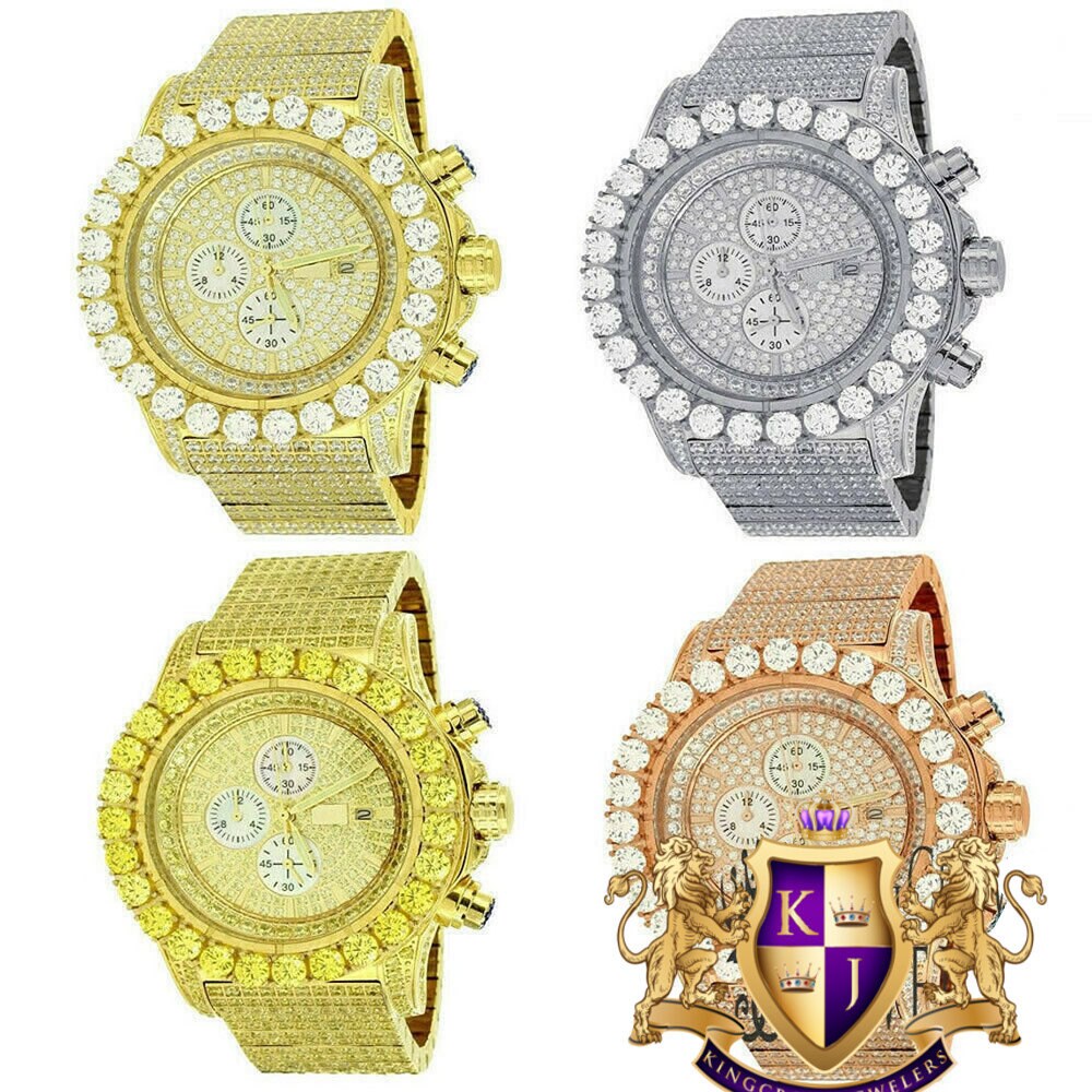 Mens Solid Stainless Steel 14K  Gold Finish Jojino Joe Rodeo Simulated Diamonds Watch 48mm
