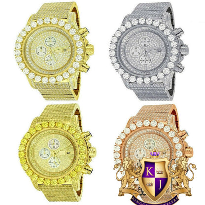 Mens Solid Stainless Steel 14K  Gold Finish Jojino Joe Rodeo Simulated Diamonds Watch 48mm