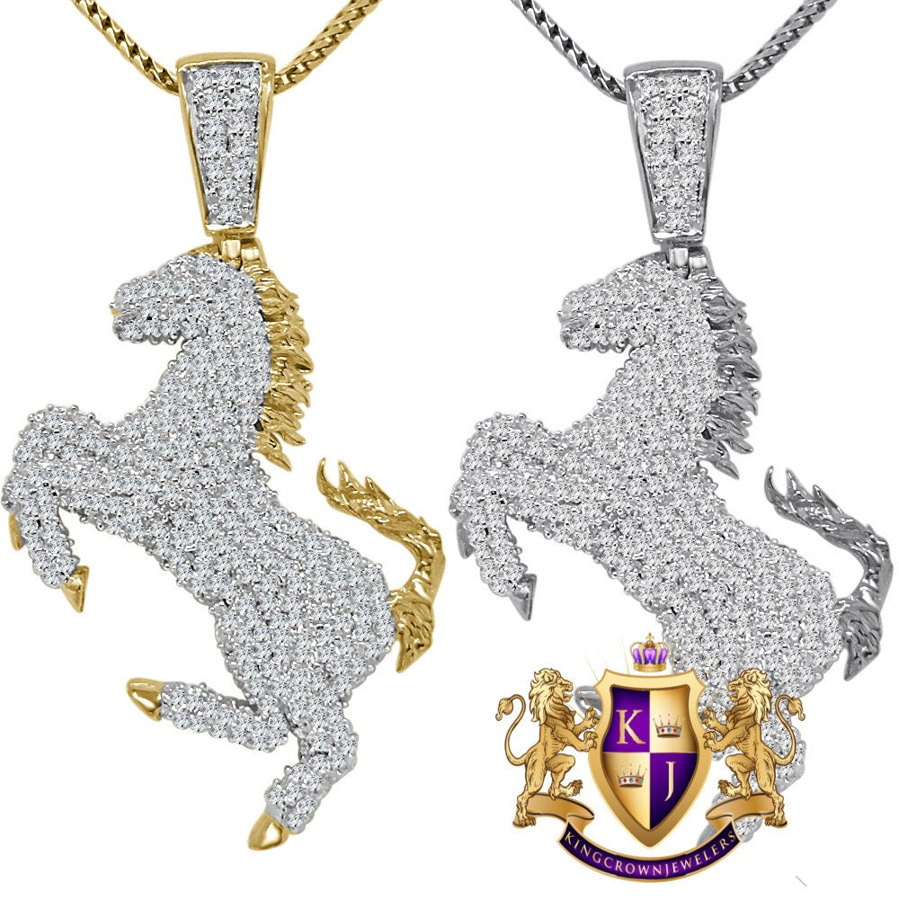 Genuine Sterling Silver 14K Gold Finish Simulated Diamond Luxury Car Horse Shield Pendent Charm Chain Set