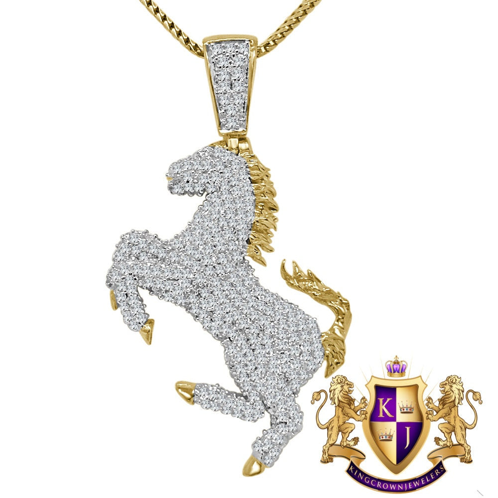 Genuine Sterling Silver 14K Gold Finish Simulated Diamond Luxury Car Horse Shield Pendent Charm Chain Set