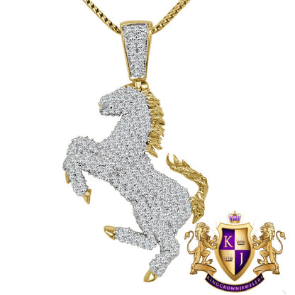 Genuine Sterling Silver 14K Gold Finish Simulated Diamond Luxury Car Horse Shield Pendent Charm Chain Set