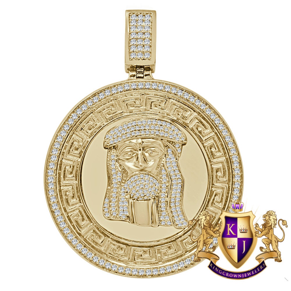 Mens Big 2.65'' Real Yellow Gold Sterling Silver Simulated Diamond Greek Jesus Face Pendent Charm