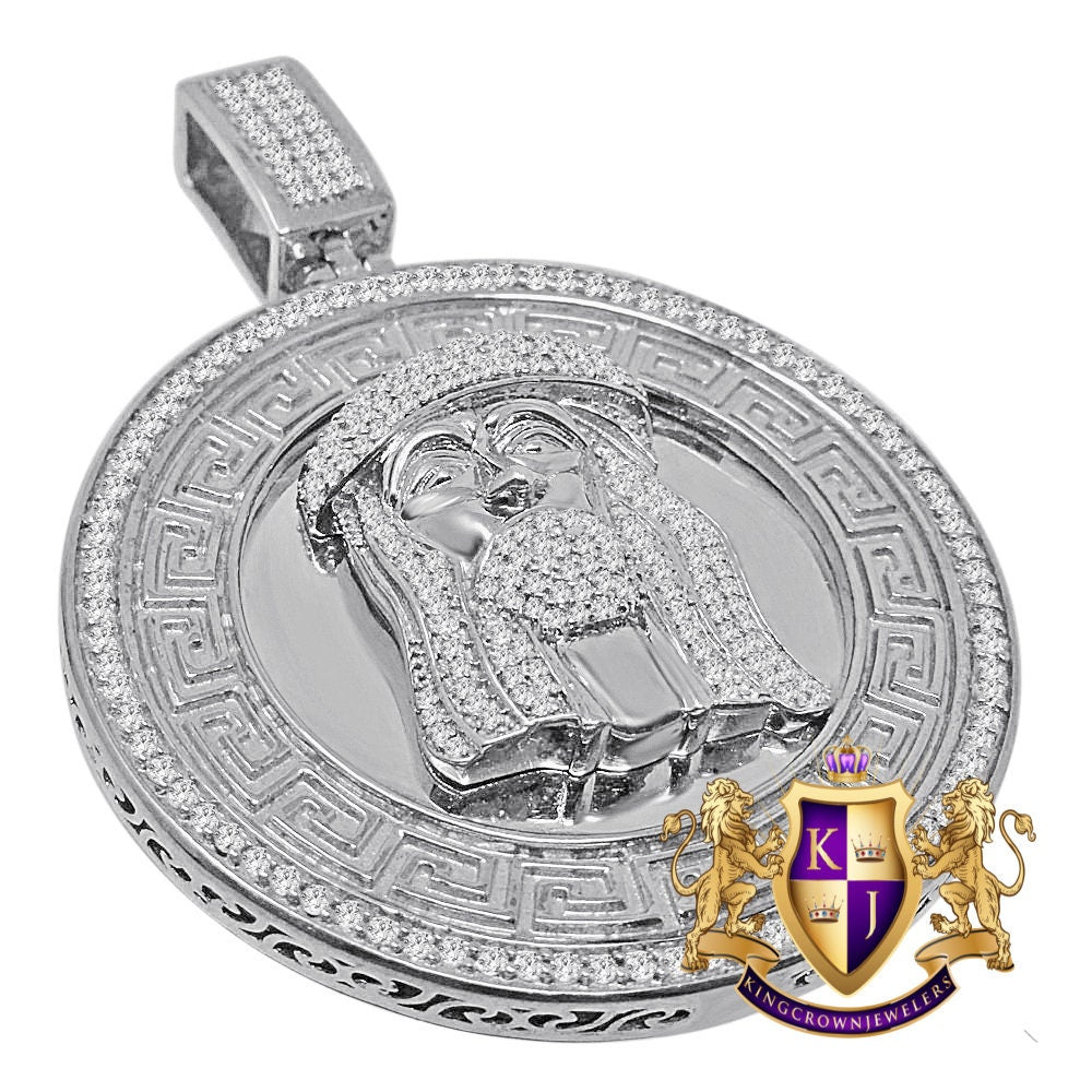 Mens Big 2.65'' 14K White Gold Over Real Sterling Silver Simulated Diamond Greek Jesus Face Pendent Charm