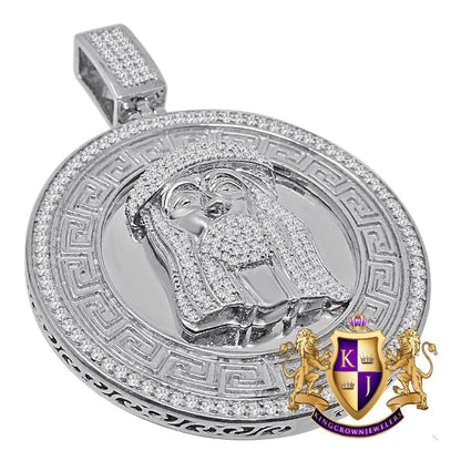 Mens Big 2.65'' 14K White Gold Over Real Sterling Silver Simulated Diamond Greek Jesus Face Pendent Charm