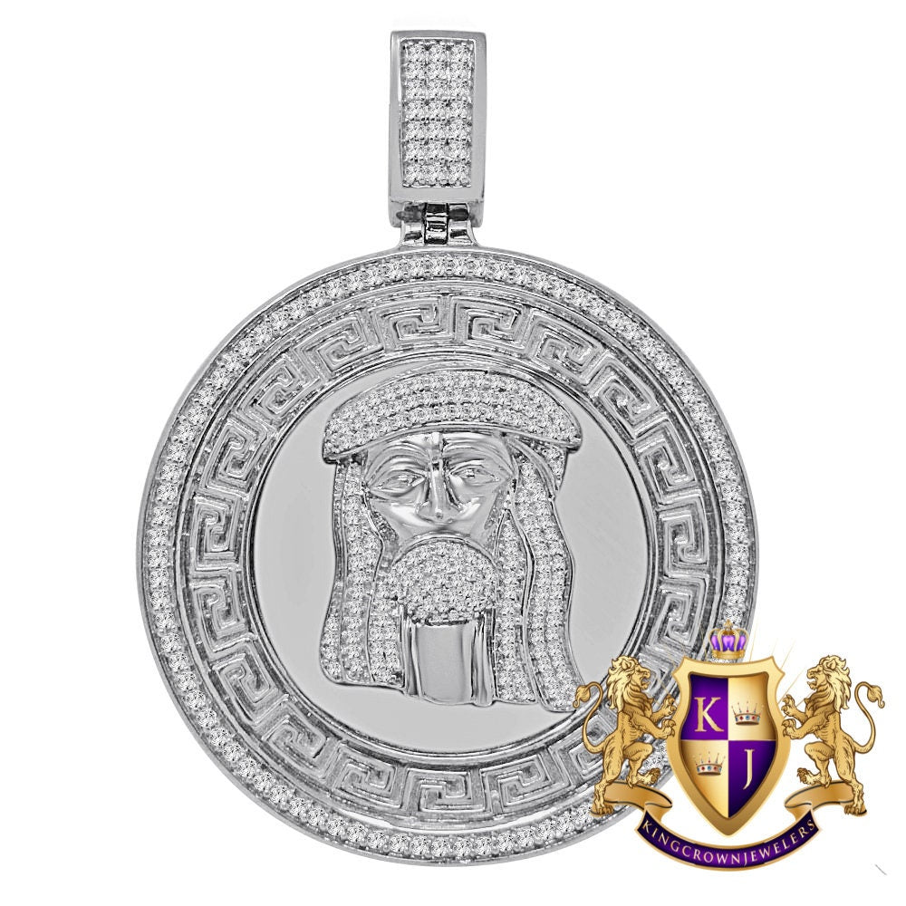 Mens Big 2.65'' 14K White Gold Over Real Sterling Silver Simulated Diamond Greek Jesus Face Pendent Charm