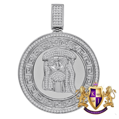 Mens Big 2.65'' 14K White Gold Over Real Sterling Silver Simulated Diamond Greek Jesus Face Pendent Charm