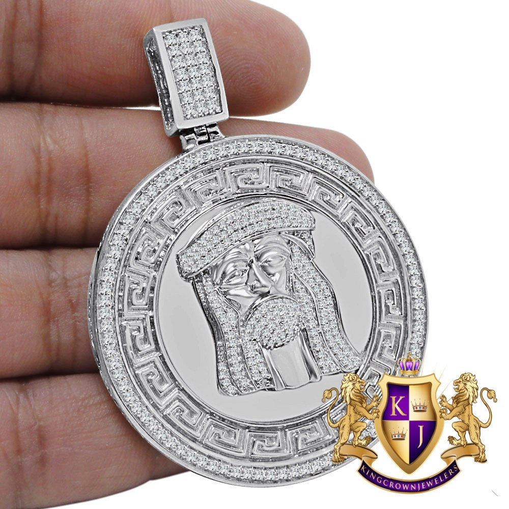 Mens Big 2.65'' 14K White Gold Over Real Sterling Silver Simulated Diamond Greek Jesus Face Pendent Charm
