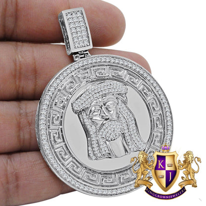 Mens Big 2.65'' 14K White Gold Over Real Sterling Silver Simulated Diamond Greek Jesus Face Pendent Charm