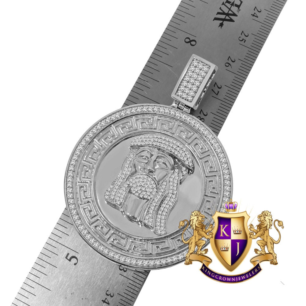 Mens Big 2.65'' 14K White Gold Over Real Sterling Silver Simulated Diamond Greek Jesus Face Pendent Charm