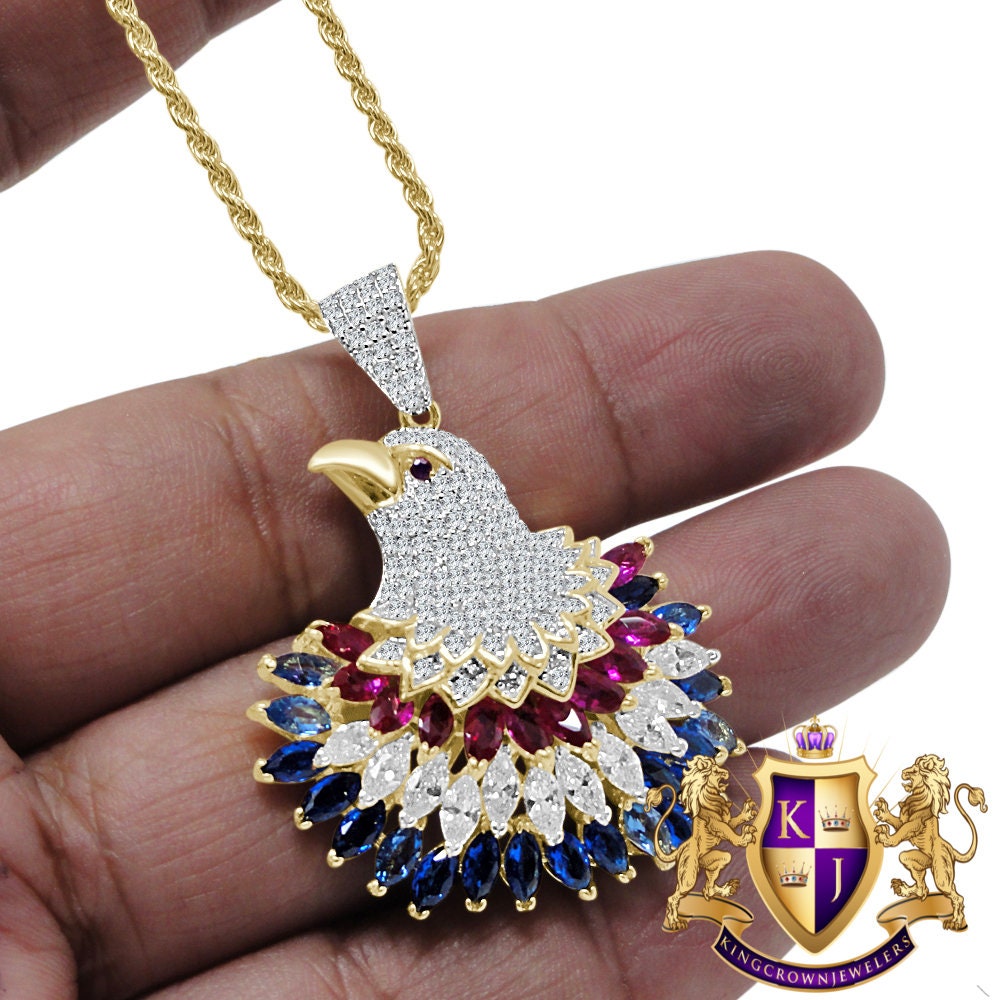 Baguette Multi Tone Genuine Real Sterling Silver Gold Finish American Eagle Charm Peacock Pendent Chain Set