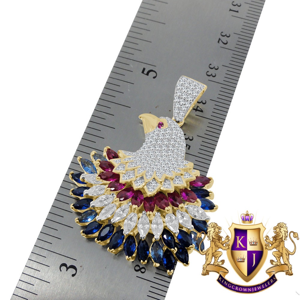 Baguette Multi Tone Genuine Real Sterling Silver Gold Finish American Eagle Charm Peacock Pendent Chain Set