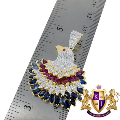 Baguette Multi Tone Genuine Real Sterling Silver Gold Finish American Eagle Charm Peacock Pendent Chain Set