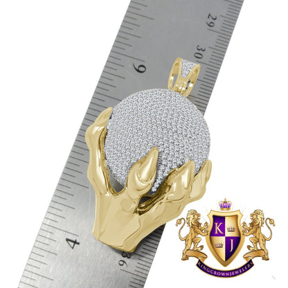 10K Yellow Gold Over Sterling Silver Simulated Diamond Domed 3D World Map Globe Pendant Globe Charm Chain