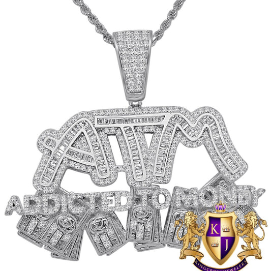 White Gold On Real Genuine Sterling Silver Simulated Diamond ATM Addicted To Money Pendent Charm + Chain