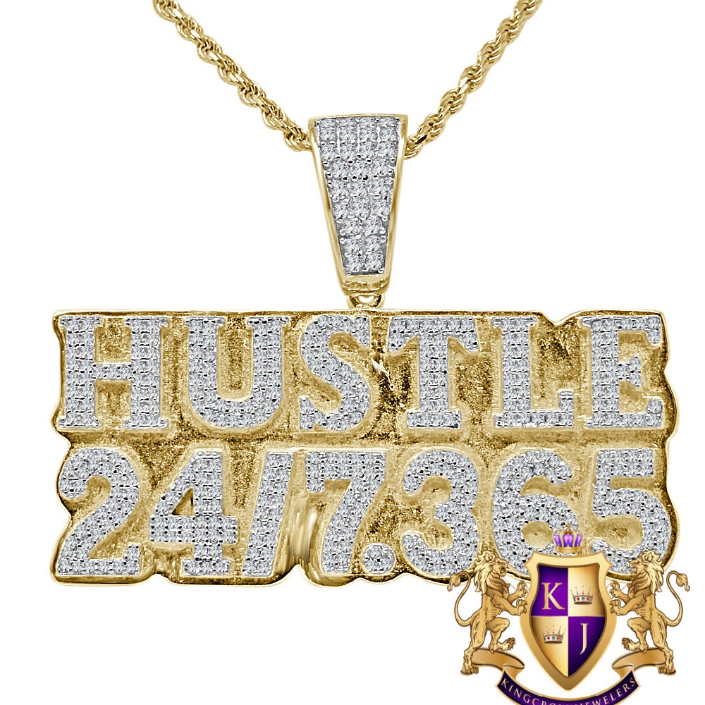Mens Real Genuine Yellow Gold Sterling Silver Simulated Diamond Hustle 24/7 .365 Charm Chain Set