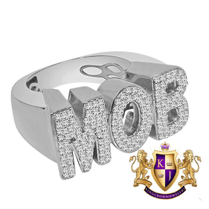 Mens Big XL White Gold Over Genuine Sterling Silver Simulated Diamond "MOB " Custom Ring Band