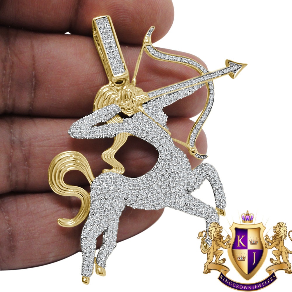 18+ Grams Real Genuine Yellow Gold Sterling Silver 4.00 Cwt. Simulated Diamond Sagittarius Archer Zodiac Sign Custom Pendant Charm 2.25''