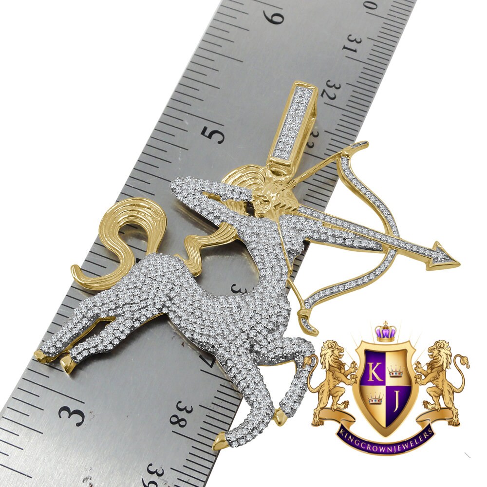 18+ Grams Real Genuine Yellow Gold Sterling Silver 4.00 Cwt. Simulated Diamond Sagittarius Archer Zodiac Sign Custom Pendant Charm 2.25''
