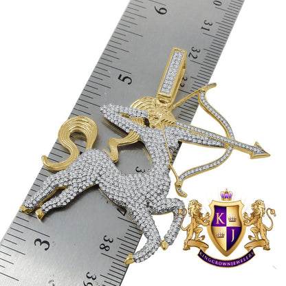 18+ Grams Real Genuine Yellow Gold Sterling Silver 4.00 Cwt. Simulated Diamond Sagittarius Archer Zodiac Sign Custom Pendant Charm 2.25''