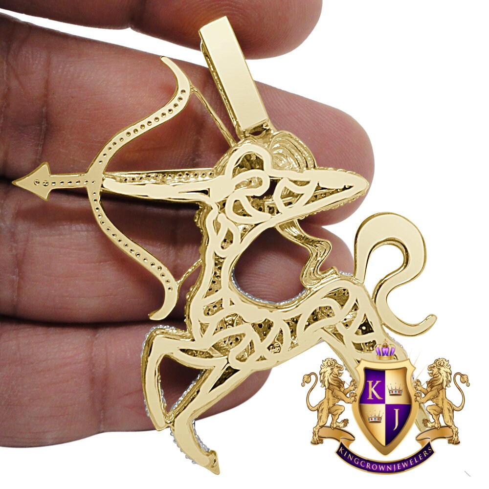 18+ Grams Real Genuine Yellow Gold Sterling Silver 4.00 Cwt. Simulated Diamond Sagittarius Archer Zodiac Sign Custom Pendant Charm 2.25''