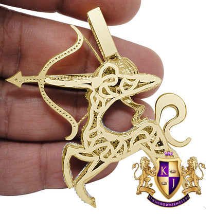 18+ Grams Real Genuine Yellow Gold Sterling Silver 4.00 Cwt. Simulated Diamond Sagittarius Archer Zodiac Sign Custom Pendant Charm 2.25''