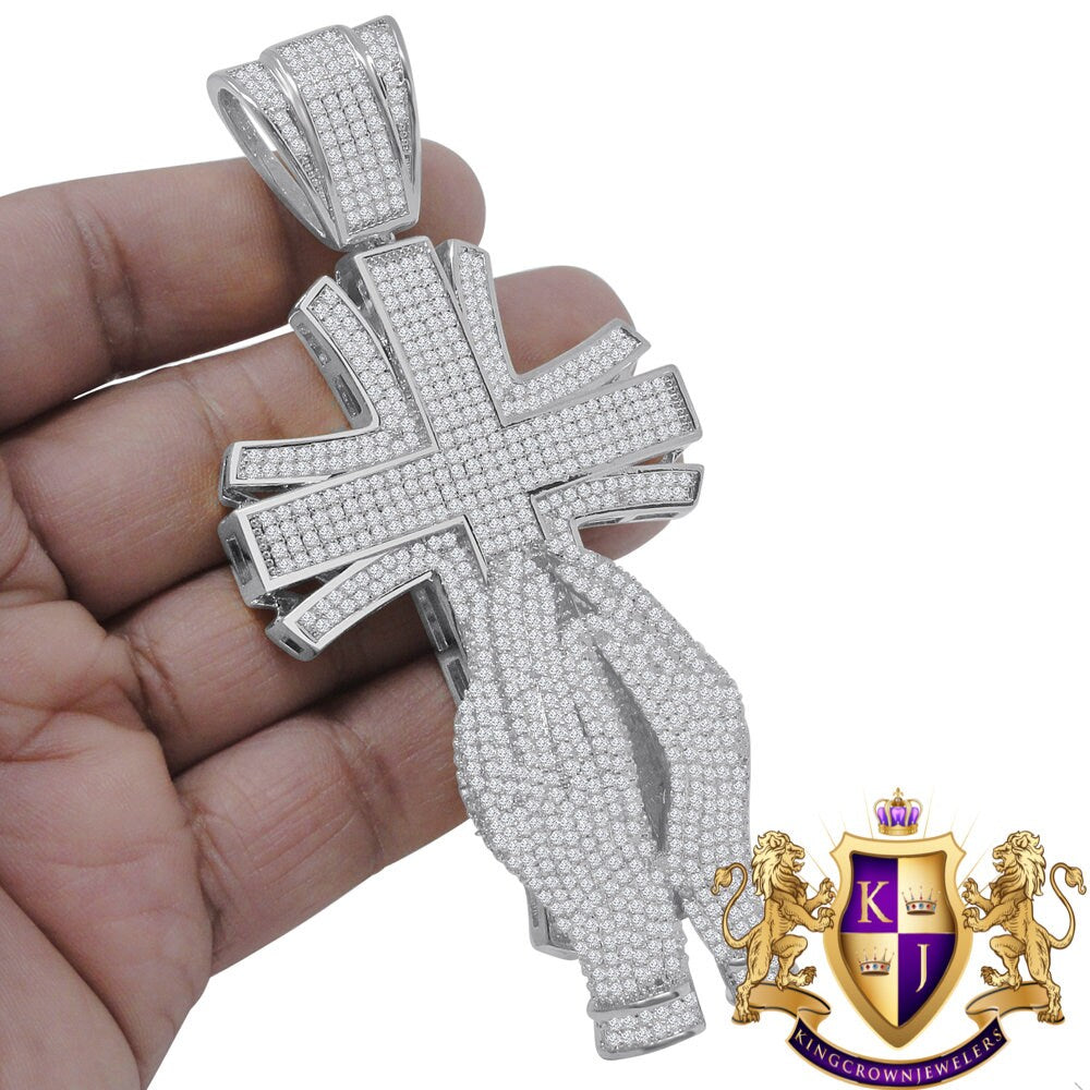 Big XL 4.25'' Custom Piece 14K White Gold Finish Simulated Diamond Praying Hand Jesus Cross Pendent Charm