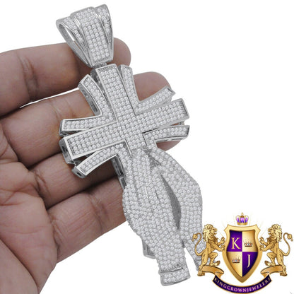 Big XL 4.25'' Custom Piece 14K White Gold Finish Simulated Diamond Praying Hand Jesus Cross Pendent Charm
