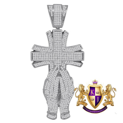 Big XL 4.25'' Custom Piece 14K White Gold Finish Simulated Diamond Praying Hand Jesus Cross Pendent Charm